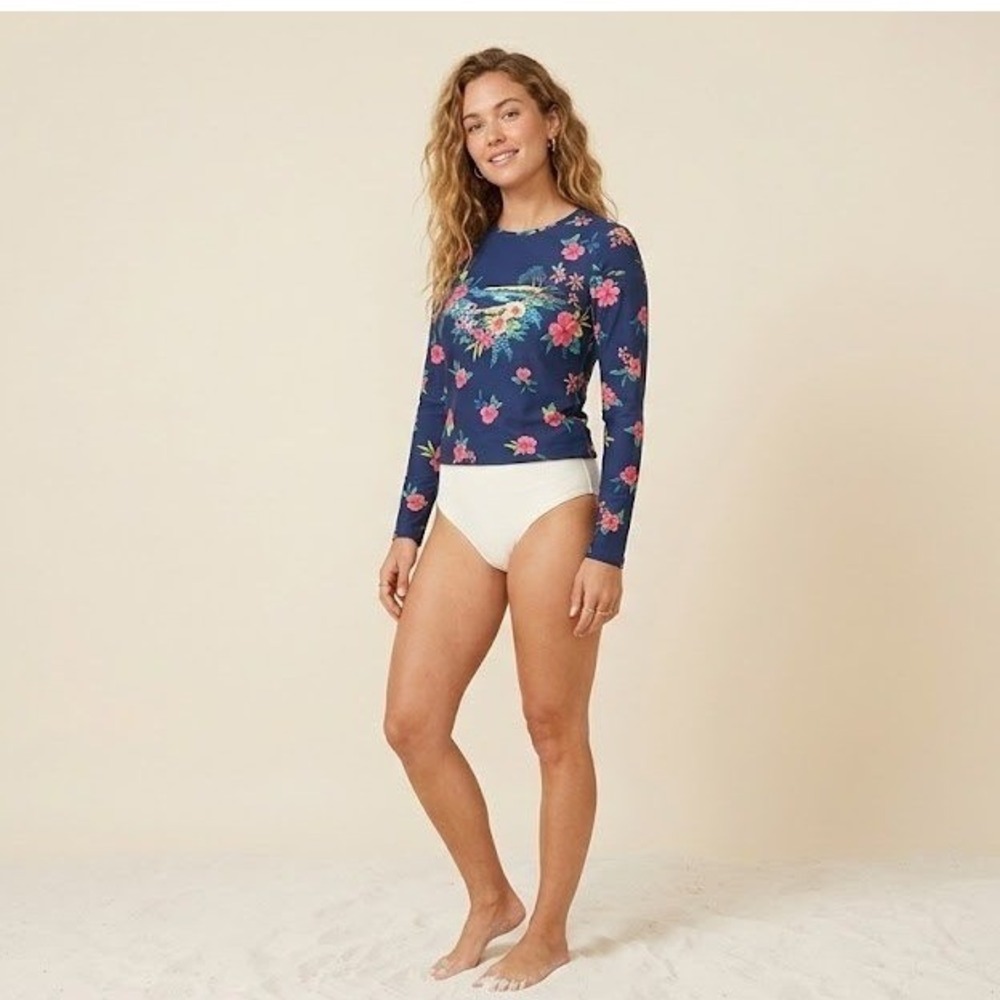 Lands End Rash Guard Women L 14-16 Navy Blue Excellent Tropical Hibiscus Floral